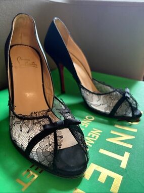 Christian Louboutin Black Lace Peep-Toe Heel with Red Sole